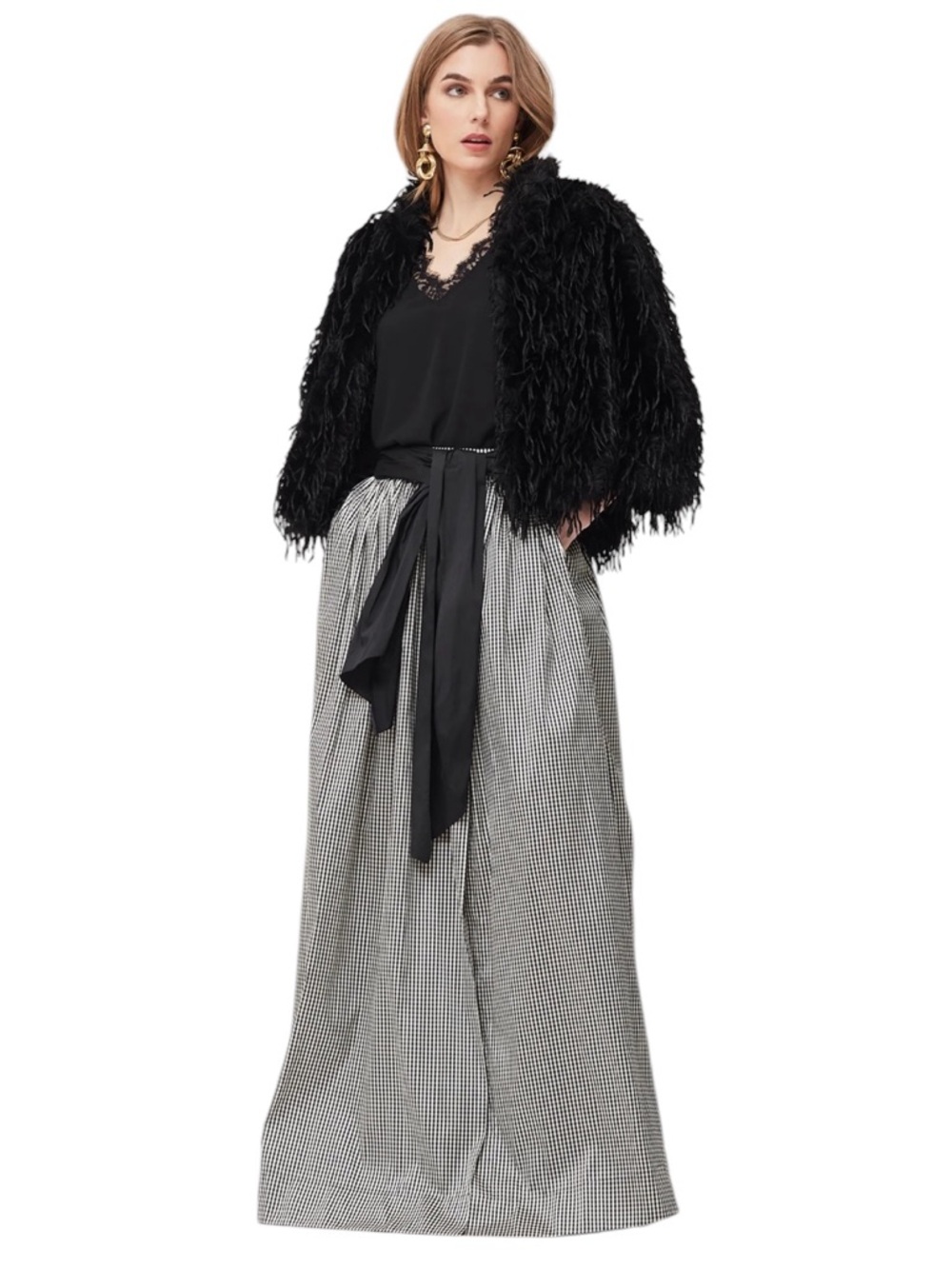 Event OKY Gingham Taffeta Maxi Skirt High Waist Sash Slit NWT Size 6